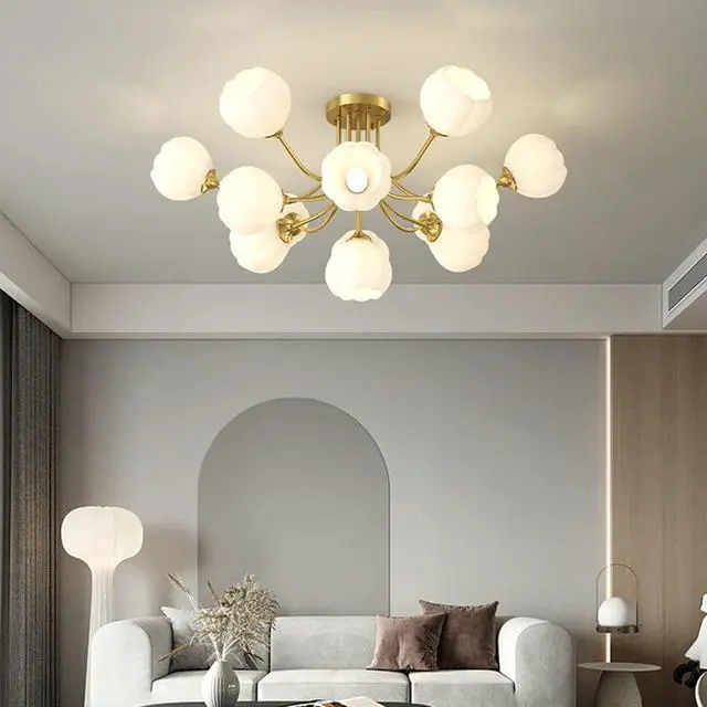 Alt view image 4 of 7 - Glass Sputnik Chandelier - 13-Light Gold Brass Ceiling Light with White Flower-Shape Glass Shades - Mid-Century Modern for Bedroom, Living & Dining Room
