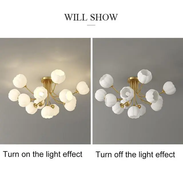 Alt view image 6 of 7 - Glass Sputnik Chandelier - 13-Light Gold Brass Ceiling Light with White Flower-Shape Glass Shades - Mid-Century Modern for Bedroom, Living & Dining Room