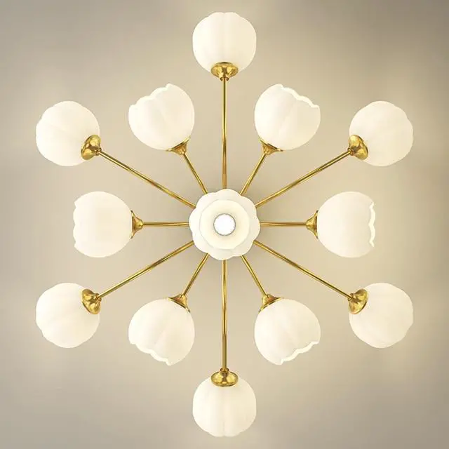 Alt view image 7 of 7 - Glass Sputnik Chandelier - 13-Light Gold Brass Ceiling Light with White Flower-Shape Glass Shades - Mid-Century Modern for Bedroom, Living & Dining Room