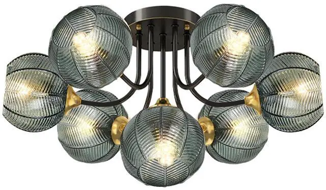 Main image of Large Globe Chandelier 7 Lights Brushed Brass Sputnik Chandelier Green Flush Mount Ceiling Lights 5.9" Ribbed Glass Shade Mid Century Vintage Hanging Chandeliers Farmhouse Dining Room