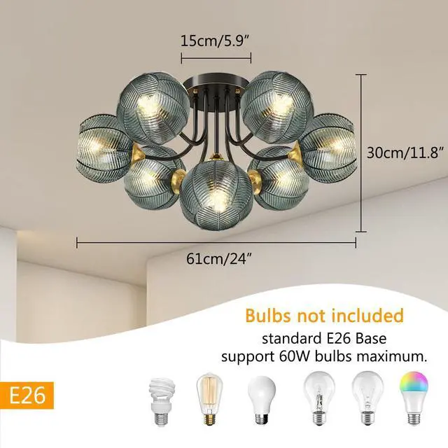 Alt view image 2 of 7 - Large Globe Chandelier 7 Lights Brushed Brass Sputnik Chandelier Green Flush Mount Ceiling Lights 5.9" Ribbed Glass Shade Mid Century Vintage Hanging Chandeliers Farmhouse Dining Room
