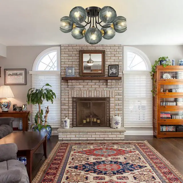 Alt view image 4 of 7 - Large Globe Chandelier 7 Lights Brushed Brass Sputnik Chandelier Green Flush Mount Ceiling Lights 5.9" Ribbed Glass Shade Mid Century Vintage Hanging Chandeliers Farmhouse Dining Room