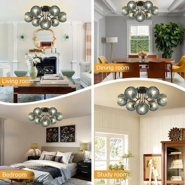Alt view image 3 of 7 - Large Globe Chandelier 7 Lights Brushed Brass Sputnik Chandelier Green Flush Mount Ceiling Lights 5.9" Ribbed Glass Shade Mid Century Vintage Hanging Chandeliers Farmhouse Dining Room