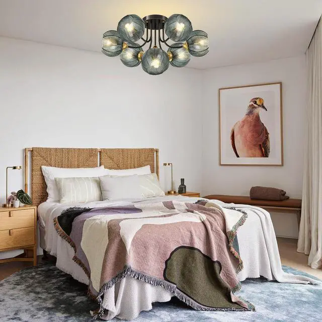 Alt view image 5 of 7 - Large Globe Chandelier 7 Lights Brushed Brass Sputnik Chandelier Green Flush Mount Ceiling Lights 5.9" Ribbed Glass Shade Mid Century Vintage Hanging Chandeliers Farmhouse Dining Room