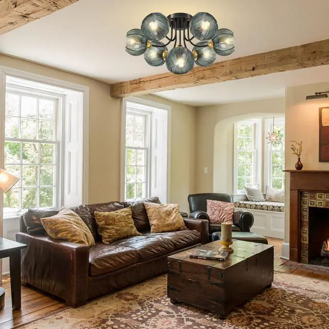 Alt view image 6 of 7 - Large Globe Chandelier 7 Lights Brushed Brass Sputnik Chandelier Green Flush Mount Ceiling Lights 5.9" Ribbed Glass Shade Mid Century Vintage Hanging Chandeliers Farmhouse Dining Room