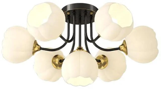 Main image of Flush Mount 7-Light Glass Chandelier - Black & White Flower-Shape Glass Shade, Modern Brass Ceiling Light for Bedroom, Living Room & Dining Room