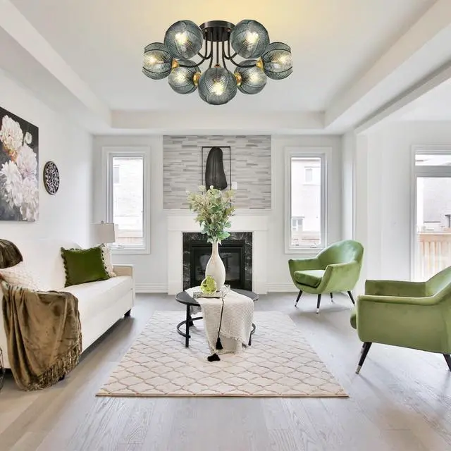 Alt view image 7 of 7 - Large Globe Chandelier 7 Lights Brushed Brass Sputnik Chandelier Green Flush Mount Ceiling Lights 5.9" Ribbed Glass Shade Mid Century Vintage Hanging Chandeliers Farmhouse Dining Room