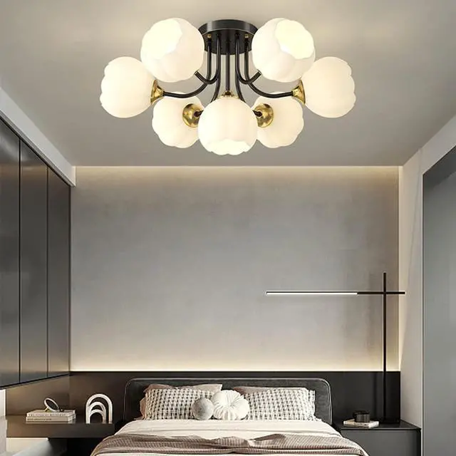 Alt view image 4 of 6 - Flush Mount 7-Light Glass Chandelier - Black & White Flower-Shape Glass Shade, Modern Brass Ceiling Light for Bedroom, Living Room & Dining Room