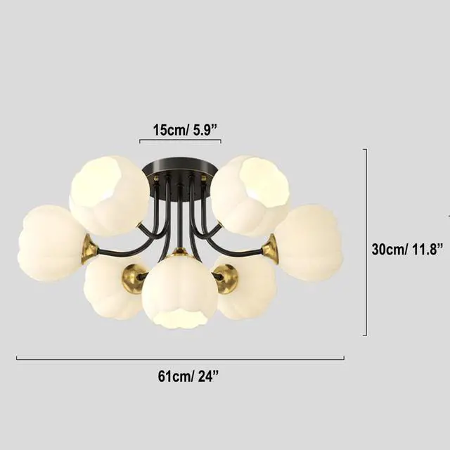 Alt view image 6 of 6 - Flush Mount 7-Light Glass Chandelier - Black & White Flower-Shape Glass Shade, Modern Brass Ceiling Light for Bedroom, Living Room & Dining Room