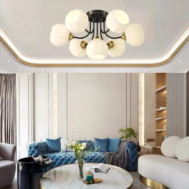 Alt view image 5 of 6 - Flush Mount 7-Light Glass Chandelier - Black & White Flower-Shape Glass Shade, Modern Brass Ceiling Light for Bedroom, Living Room & Dining Room