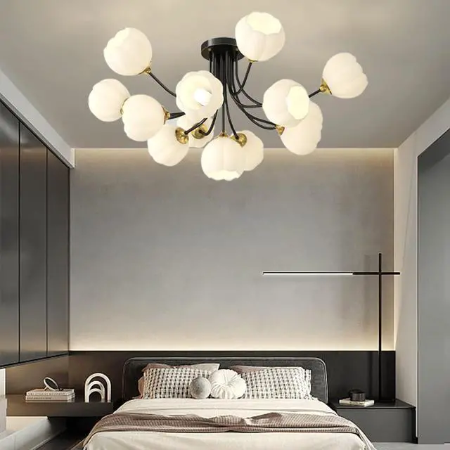 Main image of 13-Light Mid-Century Modern Sputnik Chandelier - Black Brass Ceiling Lights with White Flower-Shape Glass Shade for Bedroom, Living, Dining Room