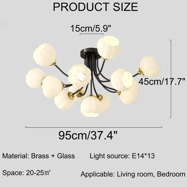 Alt view image 2 of 7 - 13-Light Mid-Century Modern Sputnik Chandelier - Black Brass Ceiling Lights with White Flower-Shape Glass Shade for Bedroom, Living, Dining Room