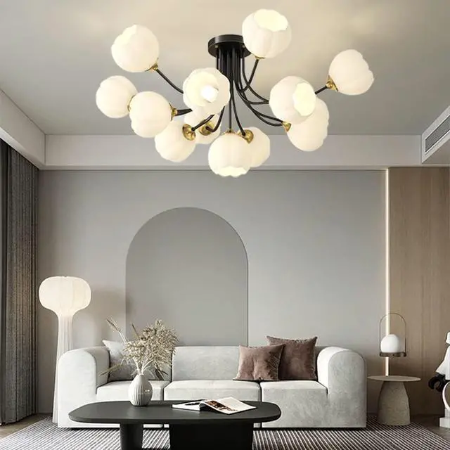 Alt view image 3 of 7 - 13-Light Mid-Century Modern Sputnik Chandelier - Black Brass Ceiling Lights with White Flower-Shape Glass Shade for Bedroom, Living, Dining Room