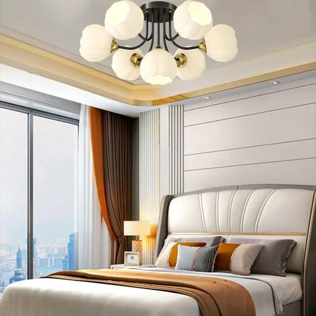 Alt view image 3 of 6 - Flush Mount 7-Light Glass Chandelier - Black & White Flower-Shape Glass Shade, Modern Brass Ceiling Light for Bedroom, Living Room & Dining Room