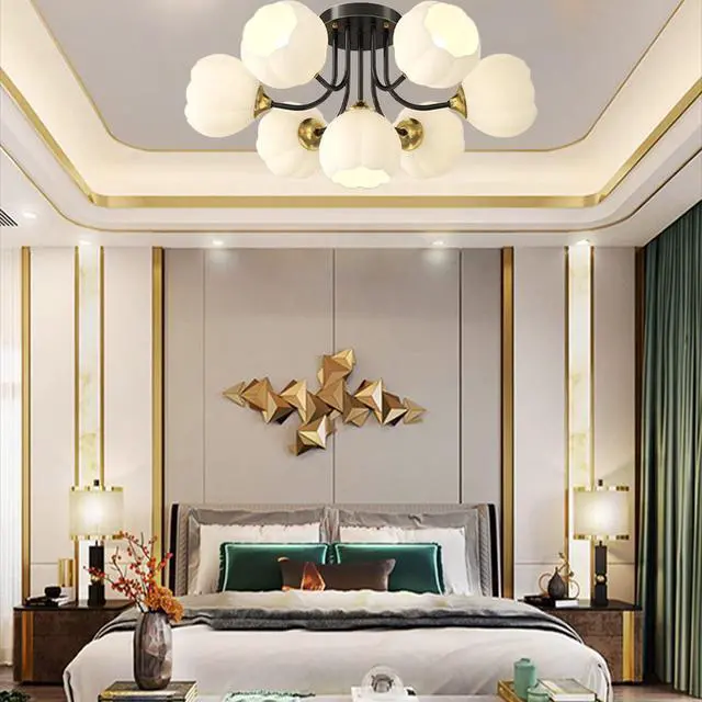Alt view image 2 of 6 - Flush Mount 7-Light Glass Chandelier - Black & White Flower-Shape Glass Shade, Modern Brass Ceiling Light for Bedroom, Living Room & Dining Room