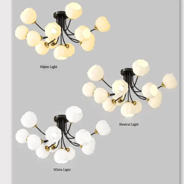 Alt view image 6 of 7 - 13-Light Mid-Century Modern Sputnik Chandelier - Black Brass Ceiling Lights with White Flower-Shape Glass Shade for Bedroom, Living, Dining Room