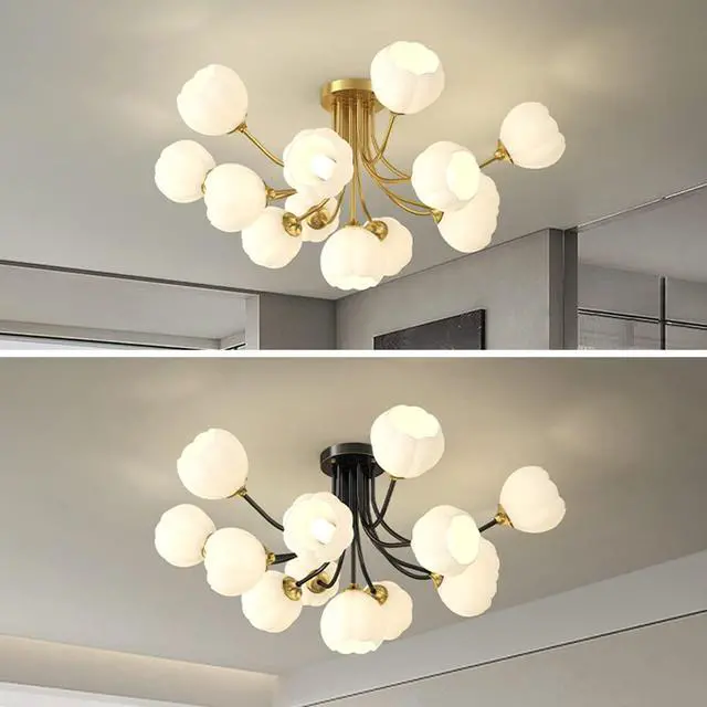 Alt view image 7 of 7 - 13-Light Mid-Century Modern Sputnik Chandelier - Black Brass Ceiling Lights with White Flower-Shape Glass Shade for Bedroom, Living, Dining Room