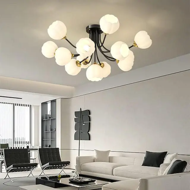 Alt view image 4 of 7 - 13-Light Mid-Century Modern Sputnik Chandelier - Black Brass Ceiling Lights with White Flower-Shape Glass Shade for Bedroom, Living, Dining Room