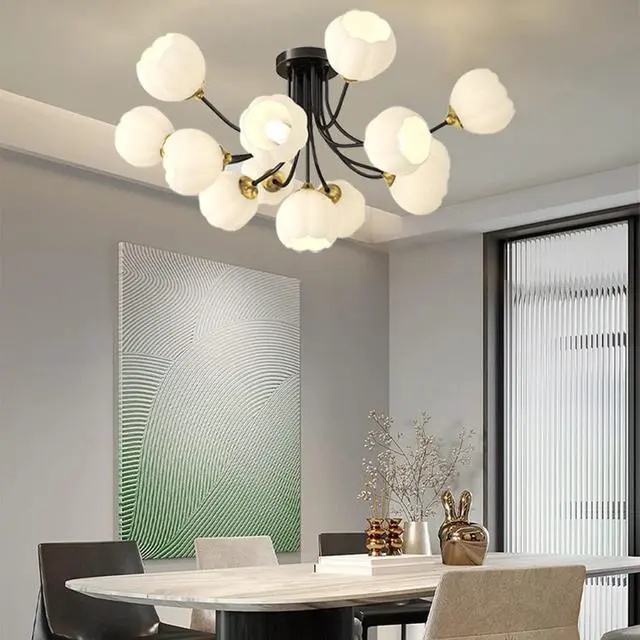Alt view image 5 of 7 - 13-Light Mid-Century Modern Sputnik Chandelier - Black Brass Ceiling Lights with White Flower-Shape Glass Shade for Bedroom, Living, Dining Room