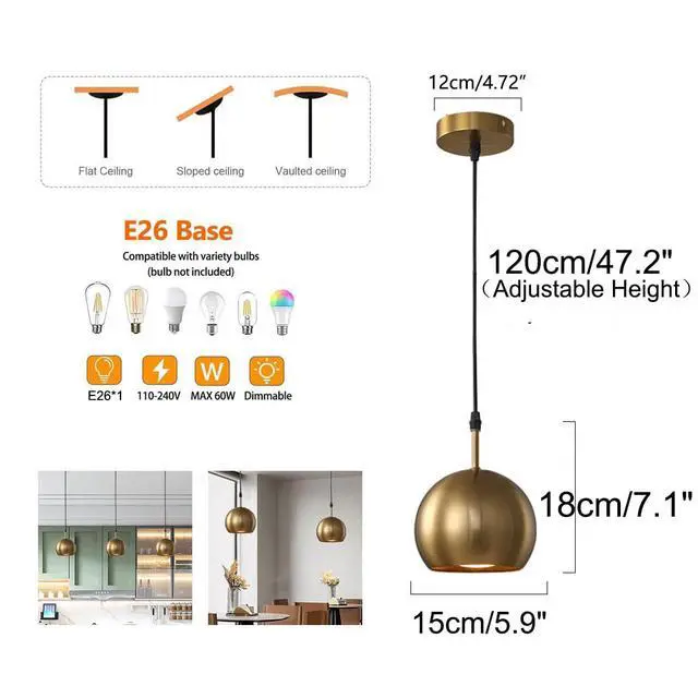 Alt view image 2 of 7 - Gold Pendant Lights Small Vintage Hanging Lights with Metal Globe Shade Mid Century Modern Pendant Lighting for Kitchen Island Living Dining Room Bedroom Loft (Gold)