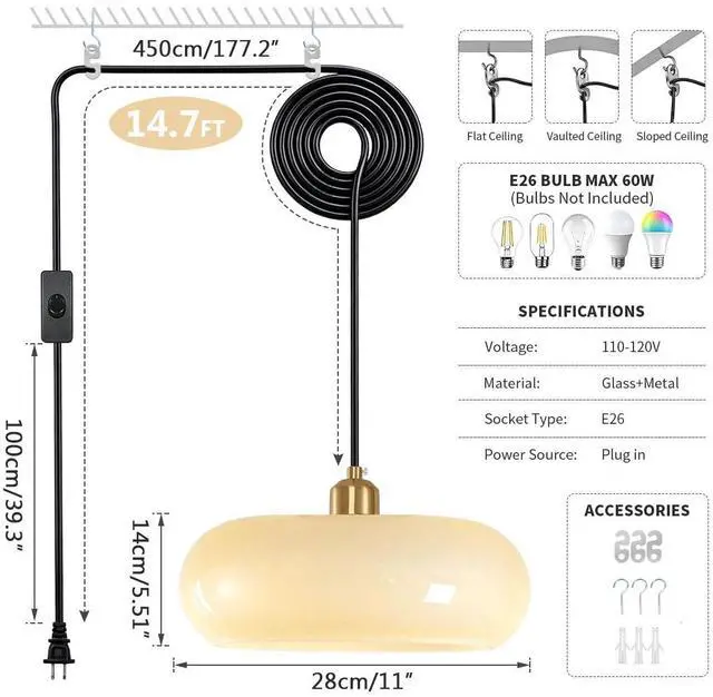 Alt view image 2 of 7 - Plug in Glass Globe Pendant Light Hanging Lights with Plug in Cord | 28cm/11 Milk Yellow Glass Shade Mid Century Modern Plug-in Lamp,14.7Ft/177.2 Long Cord&Switch, Living room,Kitchen, Bedroom