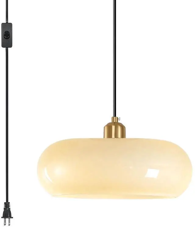 Main image of Plug in Glass Globe Pendant Light Hanging Lights with Plug in Cord | 28cm/11 Milk Yellow Glass Shade Mid Century Modern Plug-in Lamp,14.7Ft/177.2 Long Cord&Switch, Living room,Kitchen, Bedroom