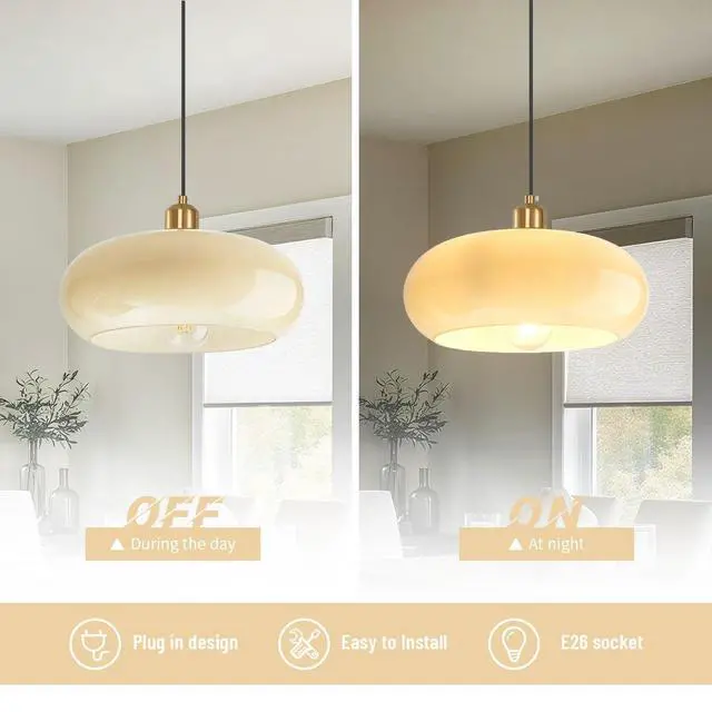 Alt view image 4 of 7 - Plug in Glass Globe Pendant Light Hanging Lights with Plug in Cord | 28cm/11 Milk Yellow Glass Shade Mid Century Modern Plug-in Lamp,14.7Ft/177.2 Long Cord&Switch, Living room,Kitchen, Bedroom