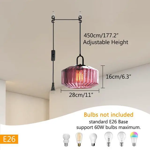 Alt view image 2 of 7 - Plug in Pendant Light Purple Glass Shade Vintage Hanging lamp | Plug in with 14.7 ft Cord On/Off Switch Industrial Pendant Light Bedroom Kitchen Hallway Living Room Lighting Fixture