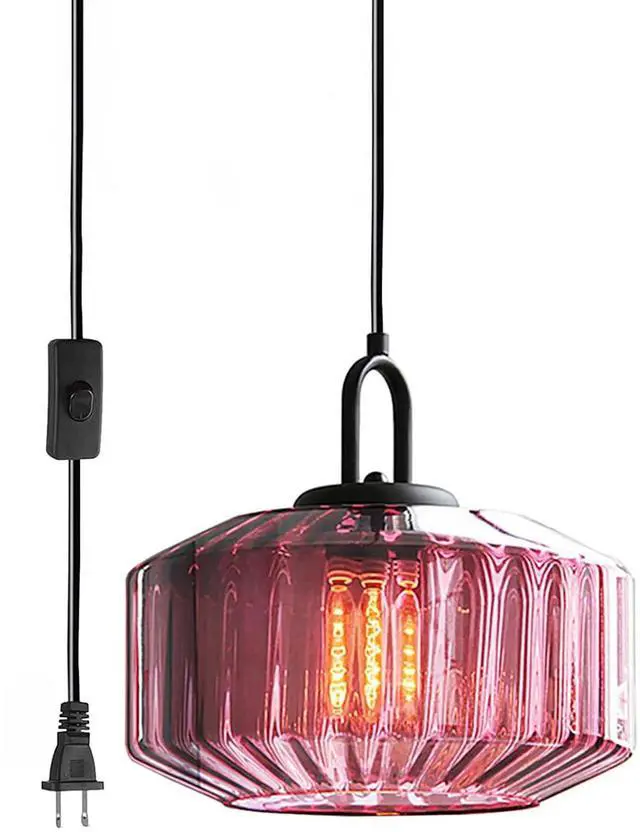 Main image of Plug in Pendant Light Purple Glass Shade Vintage Hanging lamp | Plug in with 14.7 ft Cord On/Off Switch Industrial Pendant Light Bedroom Kitchen Hallway Living Room Lighting Fixture
