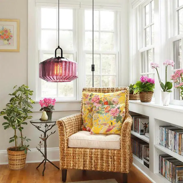 Alt view image 5 of 7 - Plug in Pendant Light Purple Glass Shade Vintage Hanging lamp | Plug in with 14.7 ft Cord On/Off Switch Industrial Pendant Light Bedroom Kitchen Hallway Living Room Lighting Fixture