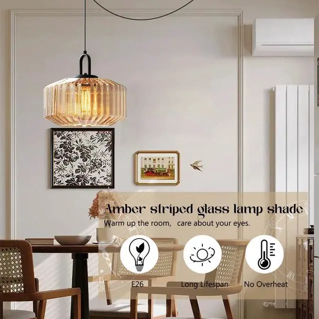 Alt view image 4 of 7 - Mid Century Modern Plug in Pendant Light Black Glass Globe | hanging light with Adjustable Cord ,Glass Pendant Lighting Amber shade for Entryway Dinning Room Bedroom Kitchen Sink