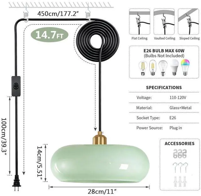 Alt view image 2 of 7 - Milk Green Glass Plug in Pendant Lamp Mid Century Hanging 1-Light | 28cm/11 Round Glass Shade Modern Plug-in Lamp,14.7Ft/177.2 Long Cord & Switch, Gold Finish E26 Base for Living room,Bedroom