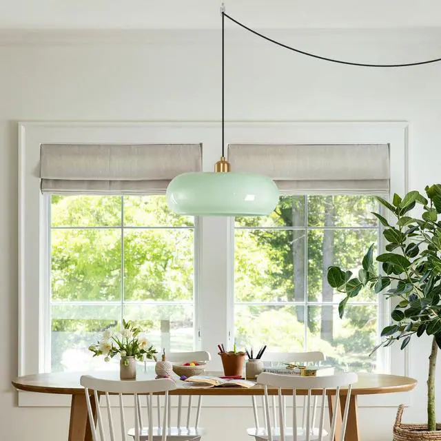 Alt view image 6 of 7 - Milk Green Glass Plug in Pendant Lamp Mid Century Hanging 1-Light | 28cm/11 Round Glass Shade Modern Plug-in Lamp,14.7Ft/177.2 Long Cord & Switch, Gold Finish E26 Base for Living room,Bedroom