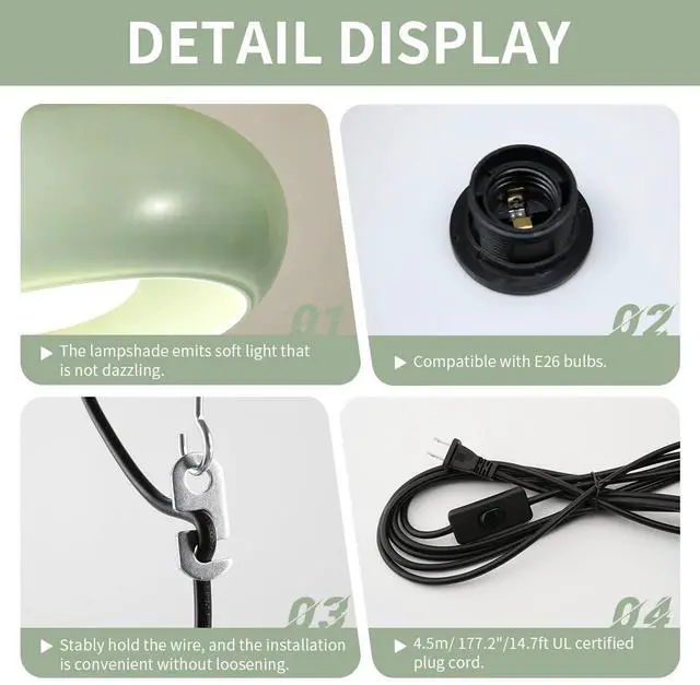 Alt view image 3 of 7 - Milk Green Glass Plug in Pendant Lamp Mid Century Hanging 1-Light | 28cm/11 Round Glass Shade Modern Plug-in Lamp,14.7Ft/177.2 Long Cord & Switch, Gold Finish E26 Base for Living room,Bedroom