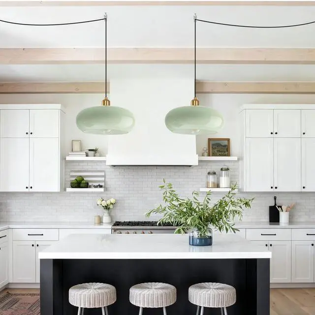 Alt view image 5 of 7 - Milk Green Glass Plug in Pendant Lamp Mid Century Hanging 1-Light | 28cm/11 Round Glass Shade Modern Plug-in Lamp,14.7Ft/177.2 Long Cord & Switch, Gold Finish E26 Base for Living room,Bedroom