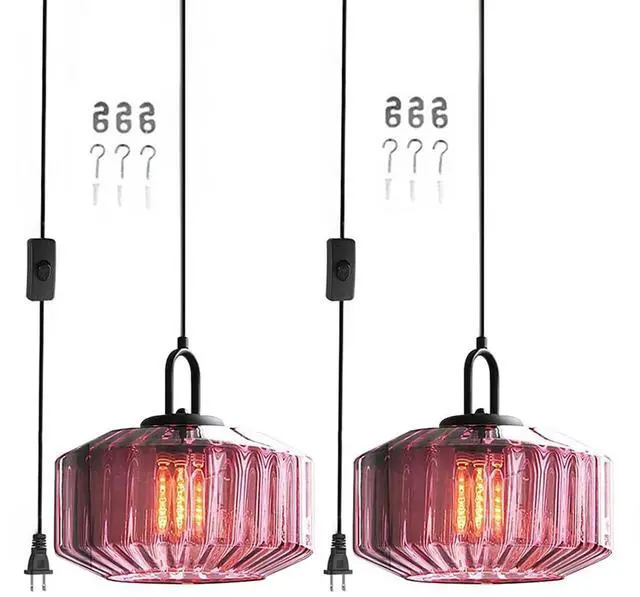 Main image of Large Pendant Light Cord Purple Glass Plug in Pendant Lights Ceiling | Retro Modern Swag Plug-in Pendant Light with 14.7Ft/177.2 Long Cord & Switch, No Hardwiring for Kitchen, Bedroom,Living room