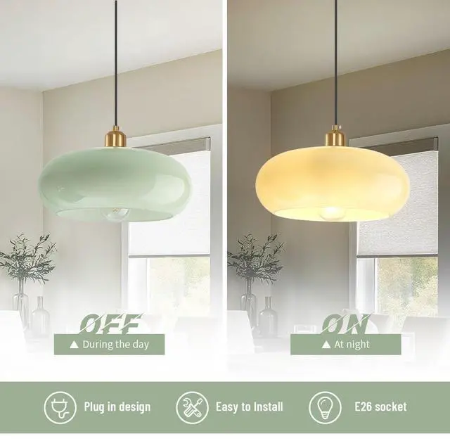 Alt view image 4 of 7 - Milk Green Glass Plug in Pendant Lamp Mid Century Hanging 1-Light | 28cm/11 Round Glass Shade Modern Plug-in Lamp,14.7Ft/177.2 Long Cord & Switch, Gold Finish E26 Base for Living room,Bedroom