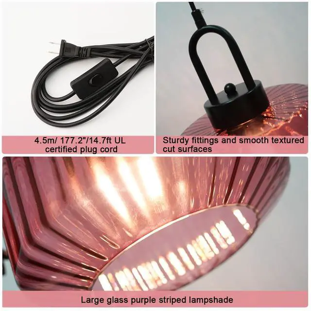 Alt view image 3 of 7 - Plug in Pendant Light Purple Glass Shade Vintage Hanging lamp | Plug in with 14.7 ft Cord On/Off Switch Industrial Pendant Light Bedroom Kitchen Hallway Living Room Lighting Fixture