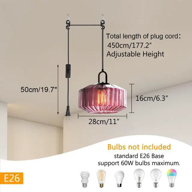 Alt view image 2 of 7 - Large Pendant Light Cord Purple Glass Plug in Pendant Lights Ceiling | Retro Modern Swag Plug-in Pendant Light with 14.7Ft/177.2 Long Cord & Switch, No Hardwiring for Kitchen, Bedroom,Living room