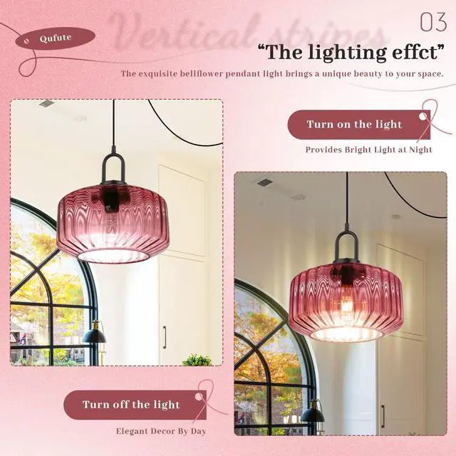 Alt view image 6 of 7 - Large Pendant Light Cord Purple Glass Plug in Pendant Lights Ceiling | Retro Modern Swag Plug-in Pendant Light with 14.7Ft/177.2 Long Cord & Switch, No Hardwiring for Kitchen, Bedroom,Living room