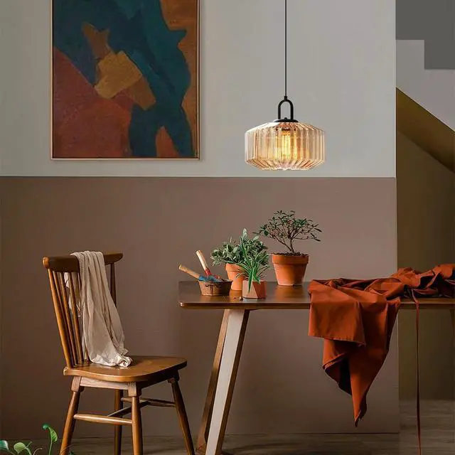 Alt view image 4 of 7 - Large Glass Pendant Light, Amber Glass Pendant Light Mid Century Modern Ceiling Pendant Light with Amber Striped Glass Globes Shade Hanging Lamp Dining Bedroom Kitchen Farmhouse