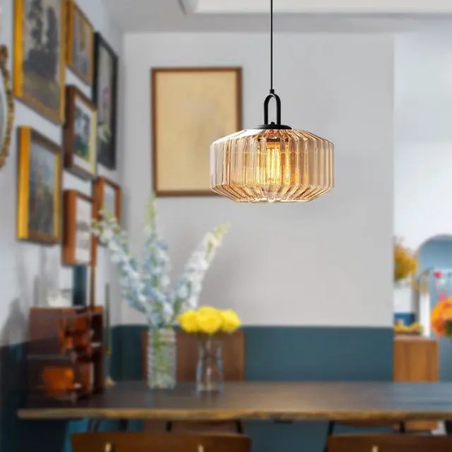 Alt view image 5 of 7 - Large Glass Pendant Light, Amber Glass Pendant Light Mid Century Modern Ceiling Pendant Light with Amber Striped Glass Globes Shade Hanging Lamp Dining Bedroom Kitchen Farmhouse