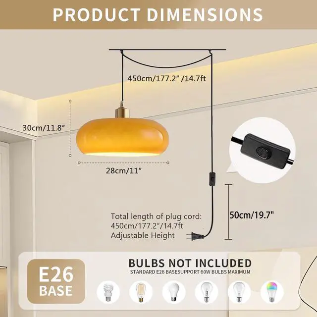 Alt view image 2 of 7 - Glass Plug in Pendant Light Modern Brass Pendant Lights fixtures Mid Century Pendant Lamp with Dome Glass Shade and 14.7 ft Cord On/Off Switch Plug in Ceiling Hanging Lighting (P-Orange)