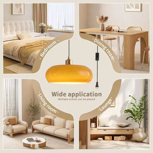 Alt view image 3 of 7 - Glass Plug in Pendant Light Modern Brass Pendant Lights fixtures Mid Century Pendant Lamp with Dome Glass Shade and 14.7 ft Cord On/Off Switch Plug in Ceiling Hanging Lighting (P-Orange)