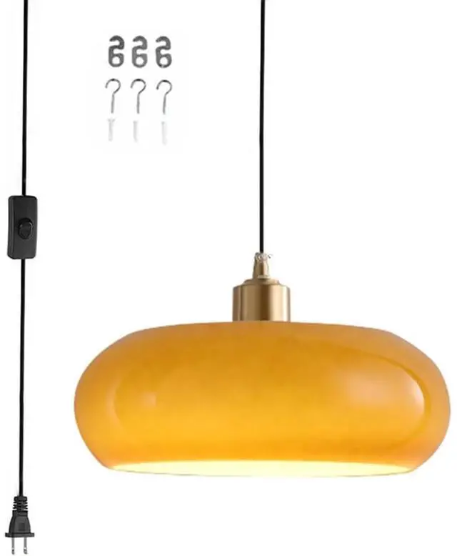 Main image of Glass Plug in Pendant Light Modern Brass Pendant Lights fixtures Mid Century Pendant Lamp with Dome Glass Shade and 14.7 ft Cord On/Off Switch Plug in Ceiling Hanging Lighting (P-Orange)