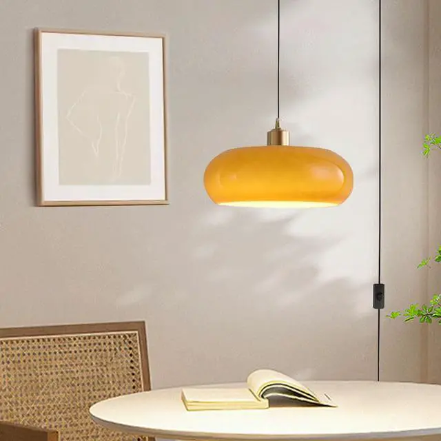 Alt view image 5 of 7 - Glass Plug in Pendant Light Modern Brass Pendant Lights fixtures Mid Century Pendant Lamp with Dome Glass Shade and 14.7 ft Cord On/Off Switch Plug in Ceiling Hanging Lighting (P-Orange)