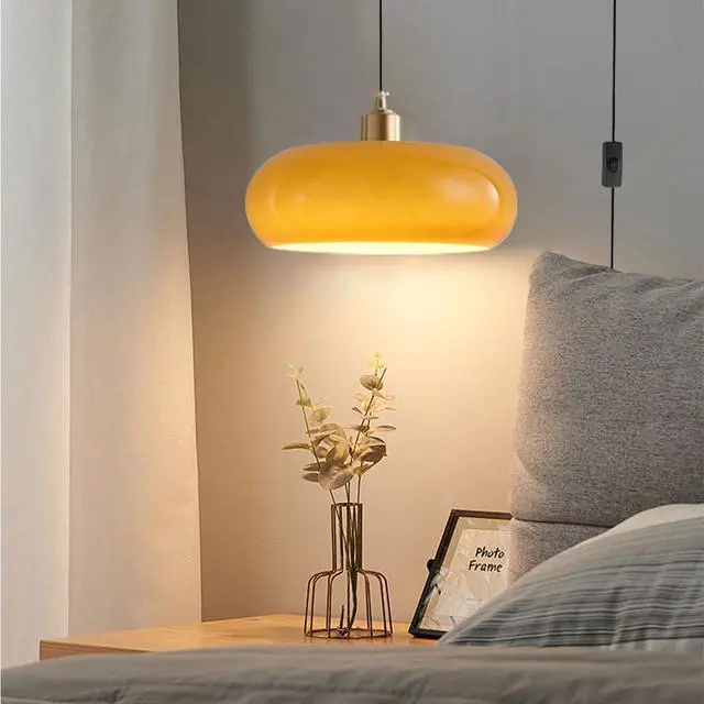 Alt view image 4 of 7 - Glass Plug in Pendant Light Modern Brass Pendant Lights fixtures Mid Century Pendant Lamp with Dome Glass Shade and 14.7 ft Cord On/Off Switch Plug in Ceiling Hanging Lighting (P-Orange)