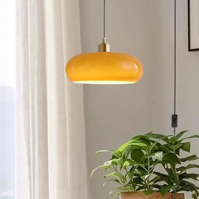 Alt view image 7 of 7 - Glass Plug in Pendant Light Modern Brass Pendant Lights fixtures Mid Century Pendant Lamp with Dome Glass Shade and 14.7 ft Cord On/Off Switch Plug in Ceiling Hanging Lighting (P-Orange)