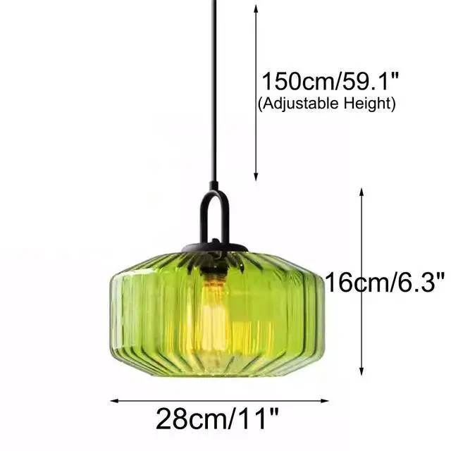 Alt view image 7 of 7 - Green Pendant Light - Mid Century Modern Glass Hanging Light with Striped Shade for Dining Room, Bedroom, Kitchen