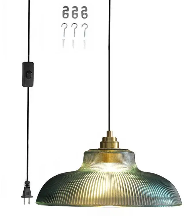 Main image of Green Pendant Light Vintage Hanging lamp Plug in with 14.7 ft Cord On/Off Switch Dome Glass Shade Mid Century Plug in Pendant Lights for Farmhouse Kitchen Hallway Living Dining Room